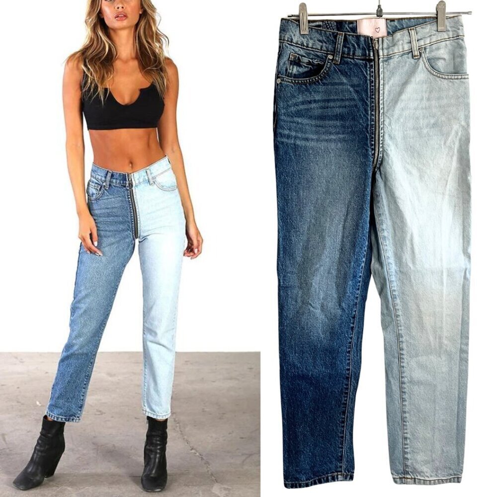 Revice Yin Yang Two Tone Zipper Accent Tapered Cropped High Waisted Jeans